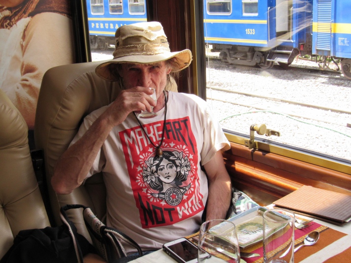 JH drinking Pisco sour on Inca rail